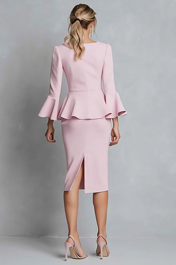 Robe de travail midi rose à volants à col en V